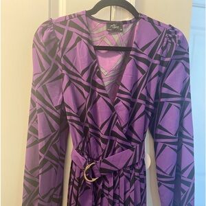 NWOT Long Purple V-Neck Belted Print Pleated Dress
